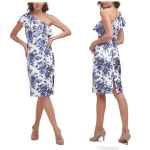 ELIZA J One Shoulder Sheath Dress Size 6 Blue Floral Print Metallic Ruffle New